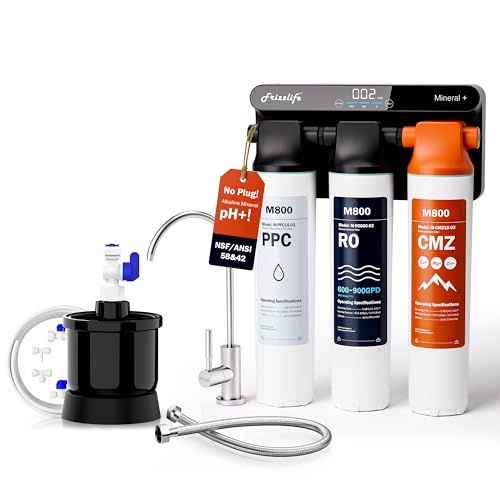 Frizzlife M800 Non-Electric Tankless Reverse Osmosis Water Filter, up to 900GPD Alkaline Mineralized RO Water Filtration System, NSF/ANSI 58&372 Standard, 4:1 Pure to Drain, with Mini Pressu