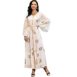 PolyJolly Gold Stamping White Chiffon Abaya Dress for Women Dubai Sadui Falbala Jalabiya Maxi Dress S