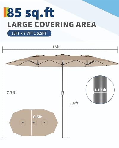13FT umbrella outdoor patio,Double-Sided Rectangle Umbrella Oversized Shade for 2-6 People, Fade Resistant Canopy for Deck Pool Garden Backyard (Light Brown, 13FT)