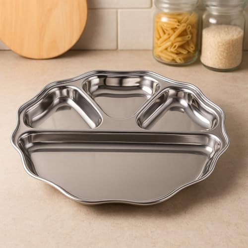 Image of Expresso - Heavy Duty Stainless Steel Round New Dinner Plate w /4 Sections Divided Mess Trays for Kids Lunch, Camping, Events & Every Day Use Kitchenware, 28cm (Pack of 5 Pcs)