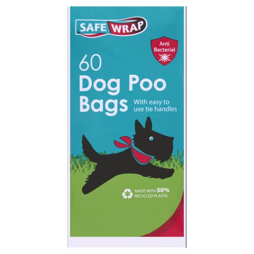 Safe Wrap Dog Poo Bags, 900 tie handle antibacterial dog waste bags, made with 50 percent recycled plastic. Contains15 bags with 60 bags in each.