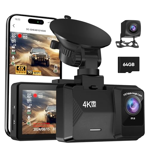ORSKEY Dash Cam Front and Rear Built-in 5GHz WiFi, 4K+1080P Dual Dash Camera for Cars with 64GB SD...
