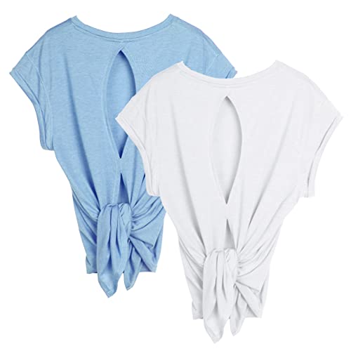 icyzone Dames Fitness Yoga Korte Mouw Shirt Rugvrij Gym Top Sport T-shirt, 2-pack
