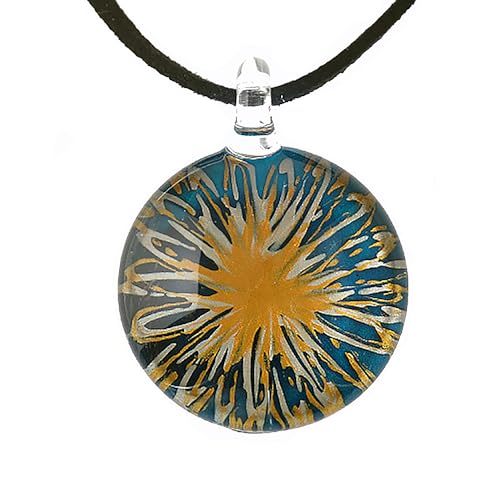 CHUVORA Hand Blown Glass Blue with Yellow Flower Round Pendant