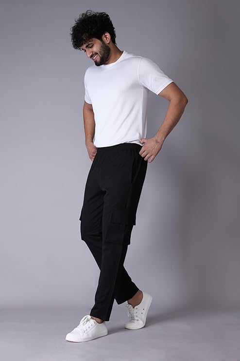 Image of Paralians Men's Regular Fit Solid Pattern Polyester Blend Cargo with Ankle Length and Drawstring Closure Type |Men Cargo Trousers