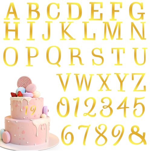 XLIUAX Lot de 37 lettres en acrylique doré pour gâteau, topper de gâteau avec lettres dorées, décoration de gâteau personnalisée DIY avec lettres de A...