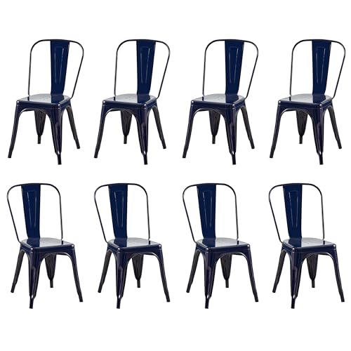 Image of Metal Dining Chairs with Backrest, Stackable, Dark Blue, 8 Pack | Easy Assembly, Non-Slip Feet, 330 lb Capacity, Kitchen, Restaurant, Cafe, Pub, Covered Patio