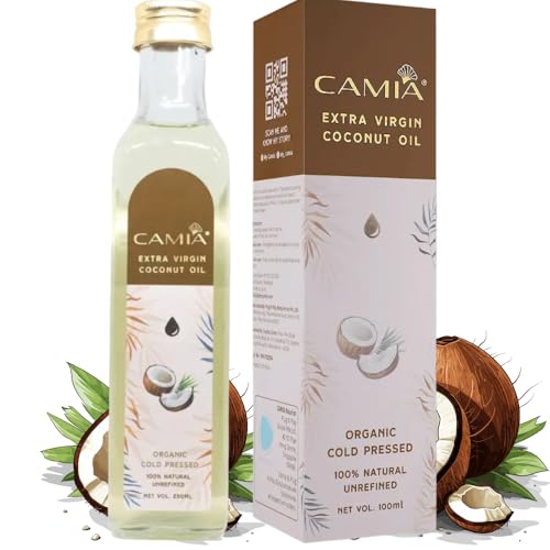 Image of CAMIA - 100% Organic Cold Pressed Coconut Oil for Skin & Hair | 100% Pure & Natural Hair Oil | Skin Hydration & Nourishment | Premium Skin Care | Ideal for Skin & Hair Care | 100 ML Glass Bottle
