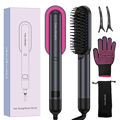 EasyinBeauty Hair Straightener Brush, Ionic Straightening Brush with 4 Adjustable Levels and Fast Heating, Professional Hair Brush Straightener for Women, Smooth and Silky Hair, Ceramic Brush with LED
