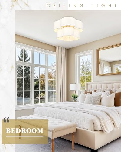 Image of Gold Semi Flush Mount Ceiling Light, 5-Light 18 inch Ceiling Light Fixtures with Double Fabric Drum Shade in Quatrefoil Shape, Light Fixtures Ceiling Mount for Nursery Bedroom, AD-22007-5SF-GD