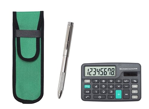 ミニ電卓付 布ペンケース緑 オール金属2色回転ノッチグリップボールペンセット T23-D-NK02G-2CMM