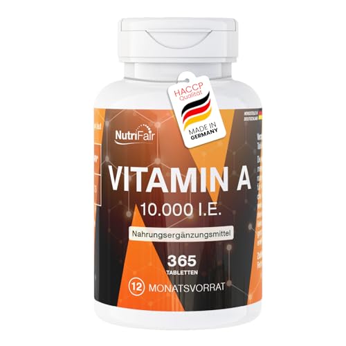Vitamina A 10 000 UI - 365 comprimidos - 3000 μg de acetato de retinol - Alta dosis - 100% vegano - Fabricación y control de laboratorio en Alemania - NutriFair | Premium & Fair