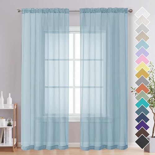 Image of OVZME Sky Blue Sheer Curtains 84 Inches Long 2 Panels - Soft Light Filtering Window Sheer Panels for Living Room /Bedroom, Top Dual Rod Pocket, 1 Pair, Each 42Wx84L Inches