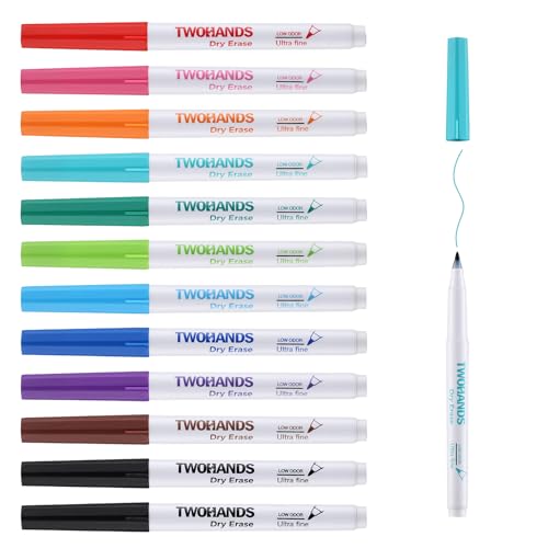 TWOHANDS Whiteboard Pens Ultra Fine Tip Low Odor 0.7 mm Extra Fine Point Assorted Colours Dry Wipe Pen for Office Home or Planning Whiteboard 12 Count 20581