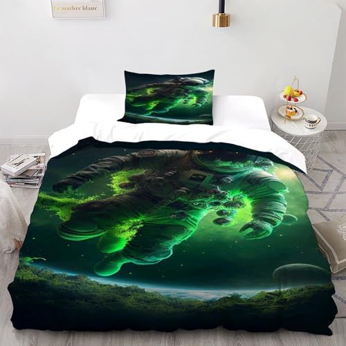Housse de couette 135x200 verte astronaute parure de lit microfibre 2 pcs