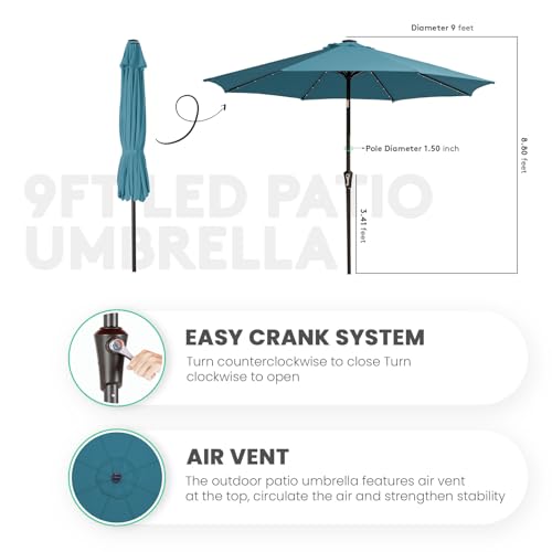 Image of JEAREY 9FT Outdoor Patio Umbrella with Solar Lights, LED Lighted Pool Umbrella with Tilt and Crank, Outdoor Table Umbrellas for Deck, Yard & Market (Lake Blue)