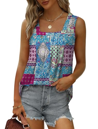 Image of Saloogoe Summer Tank Tops for Women Loose Fit Pleated Square Neck Sleeveless Tops Curved Hem Flowy