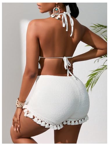 Women's 2 Piece Outfits Tassel Trim Backless Halter Crop Top and Elastic Waist Shorts Sets2