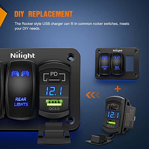 Image of Nilight Rocker Switch Style PD Type C and USB Outlet LED Voltmeter | Quick connector 12V QC 3.0 Cars Charger Replacement with Inline Fuse for Switches Panel on Boats RV Truck Car