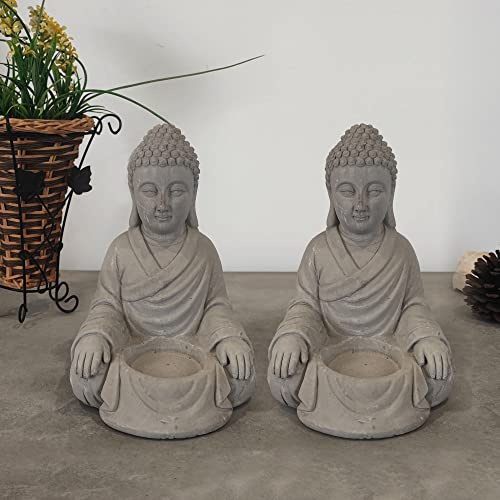 Kante 6.5" H Set Of 2 Cement Composite Sitting Buddha Statues Ornament, Natural Concrete Indoor/Outdoor Tabletop Décor #TOP8