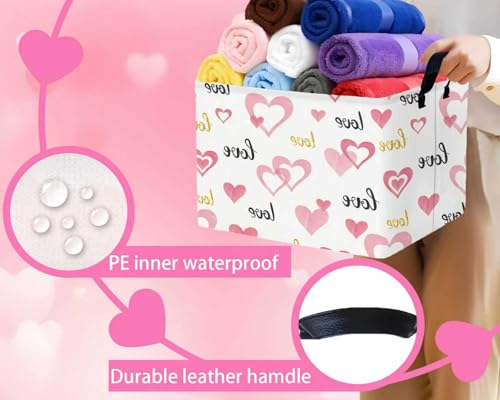 Image of Valentines Day Basket for Kids Heart Shaped Empty Storage Bins for Gifts with Handles Room Decor (Pink Double Love Golden LOVE)