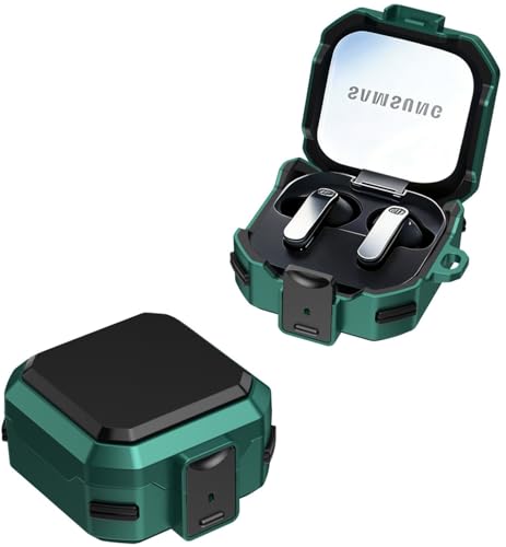 Image of Hybrid Lock Armor Case Cover for Samsung Galaxy Buds 4 and 4 Pro, Rugged, Shockproof with Heavy Duty Carabiner (Dark Green, Armor with Lock)