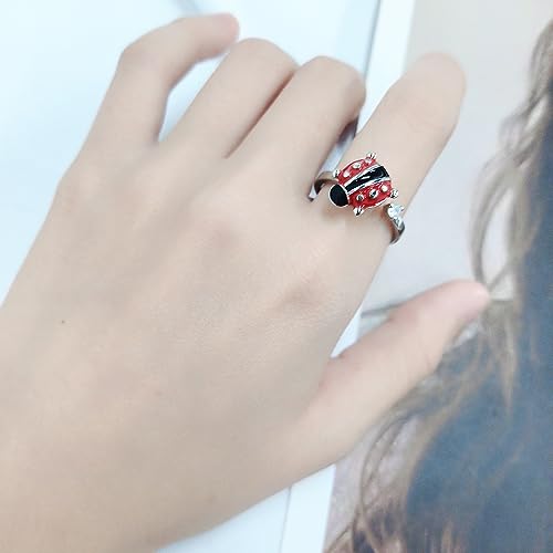 OIDIMS Rotatable Ladybug Ring Silver Anti Fidget Spinner Anxiety Rings Adjustable Open Statement Stress Relief Stackable Rings Crystal Wedding Jewelry Xmas Cute CZ Gifts for Women2