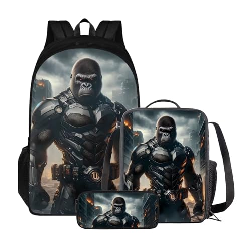 Set zaino per ragazzi e ragazze con borsa per il pranzo e astuccio per libri universitari per attività allaperto Cavaliere Gorilla Grunge Taglia unica Zaini Daypack
