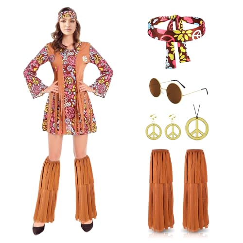 Hippie Kostüm Set Damen 70er Jahre - Fransenweste Mit Sonnenbrille, Stirnband & Schmuck
