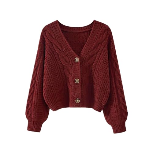 Shffuw Pull Femme Chic Femmes couleur unie pull femmes Vintage hauts vêtements chauds en vrac col en V court tricoté Cardigan Ja Pull Femme Hiver Chaud Chic (Red, One Size)