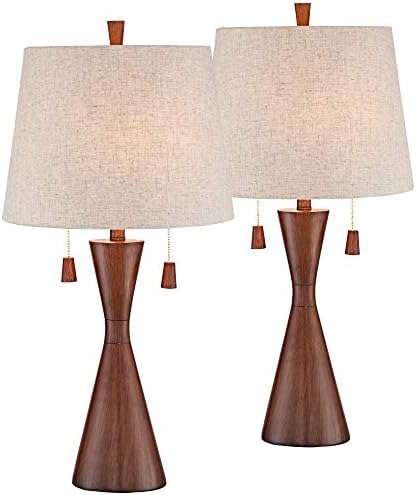 360 Lighting Omar Mid Century Modern Chic Style Table Lamps 28.75" Tall Set of 2 Warm Brown Wood Oatmeal Tapered Drum Shade Decor for Living Room Bedroom House Bedside Nightstand Home