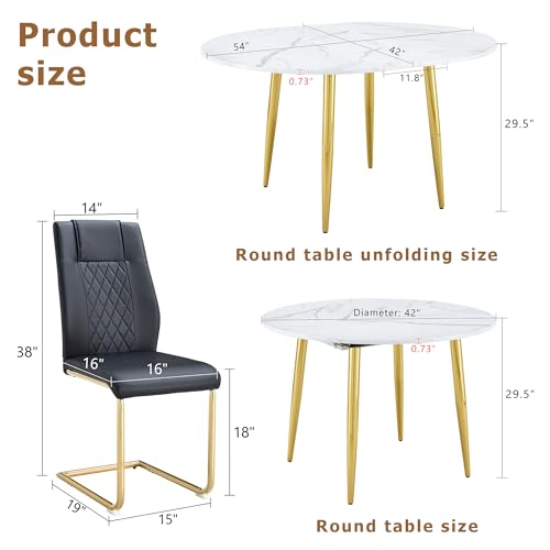 Image of Round Dining Table Set for 4, 42-54 inch Expandable Dining Table with 4 Upholstered Chairs, Engineered Wood Top, Space-Saving Round Kitchen & Dining Room Table Set(1 Table + 4 Black Chairs)