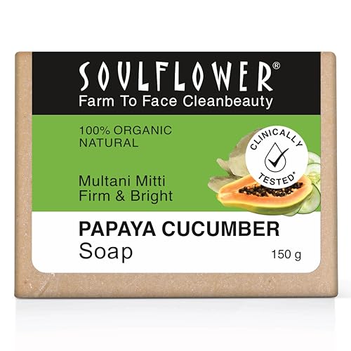Image of Soulflower Organic Papaya Cucumber Soap By Soulflower | Men & Women For Face Cleanser, Skin Tightening, Instant Facial |100% Natural, Handmade, Vegan, Vitamin E | 150G
