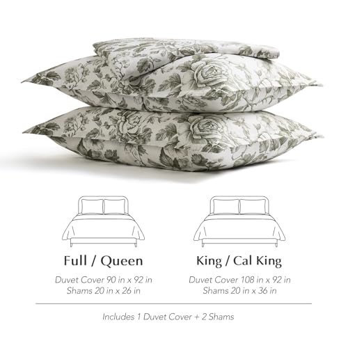 EverGrace 100% Cotton Sateen Duvet Cover Set King Size, 3 Piece Floral Toile Bedding Set, Pre-Washed Soft & Breathable, Button Closure with 2 Pillow Shams, Olive Green, 108"x92" by EverGrace - Used condition - Image 7