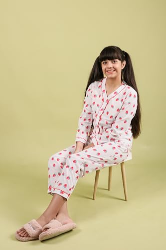 Image of Tweeny Mini Kids Girls Pure Rayon Night Suit | Sleepwear| Night Wear | Nightdress | Top Shirt & Pyjama Combo Set Floral Printed with Pockets Full Sleeves