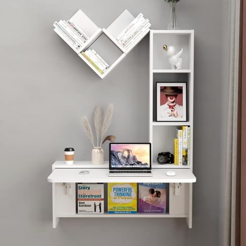 TuckTect Folding Wall Mounted Drop Leaf Table, Foldable Desk with Moveable Cabinets, Floating Laptop with Convertible Storage Shelves, Multifunctional Computer Workstation in Home for Space Saving