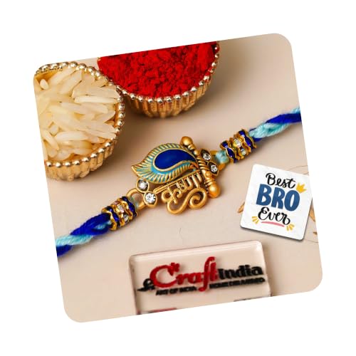 Image of eCraftIndia Krishna Peacock Feather Designer Rakhi for Brother with Gift Combo Set | Raksha Bandhan Rakhi for Bhai Bhaiya | Best Bro Ever Fridge Magnet | Roli Chawal Pack