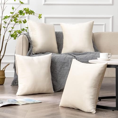 Image of Amazon Brand - Umi Velvet Decorative Cushion Cover 18x18 Inch - Set of 5, Soft Solid Square Throw Pillow Covers for Sofa, Living Room or Home Decor - 45x45 cm in Cream Color