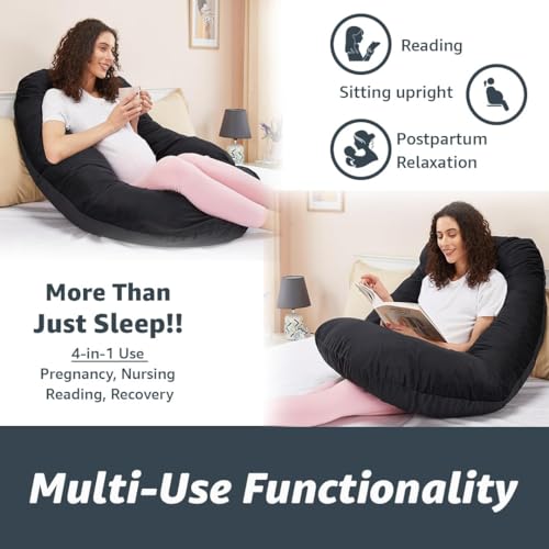 Image of Amazon Basics Full Body Pregnancy Pillow for Maternity,Baby Nursing,Full Body Support-|Perfect Baby Shower Gift|J-Shaped-Washable Cover with Zip - Black, Velvet