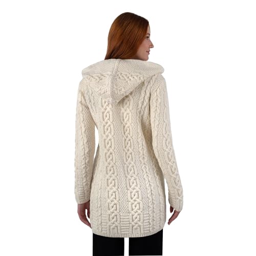 Image of SAOL 100% Merino Wool Aran Irish Cardigan for Women with Pockets, Hood and Celtic Zipper