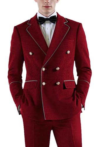 UNINUKOO Double Breasted Suit Men Velvet Classic Fit Formal Dinner Party Wedding 2 Piece Business Suits for Men US Size L Burgundy