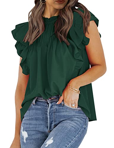 Theenkoln Womens Pleated Blouse Ruffle Sleeve Shirts Mock Neck Keyhole Back Summer Tunic Tops Green #TOP2
