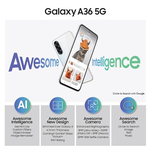 Image of Samsung Galaxy A36 5G (Awesome White, 8GB, 128GB) | Awesome Intelligence: Circle to Search, Intelligent Editing | Awesome 4nm Snapdragon Processor | Flagship Grade Selfie Camera