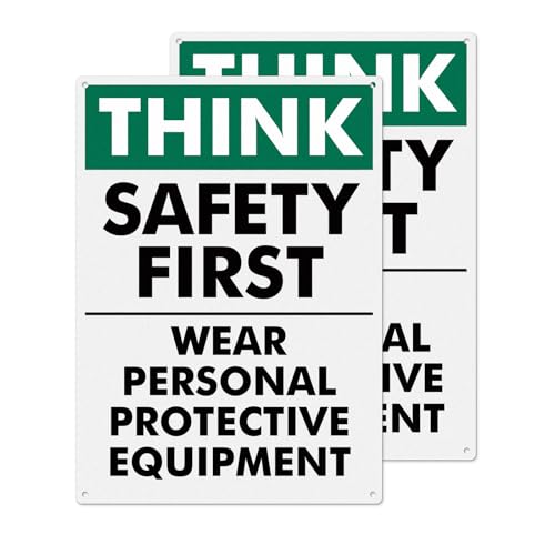 YIKIADA 2 Pack Think Safety First Signs Wear Personal Protective Equipment Sign 14 ×10 Inches Rust-Free Aluminum UV & Weather Resistant Durable Safety Signage for Warehouse Workplace Business
