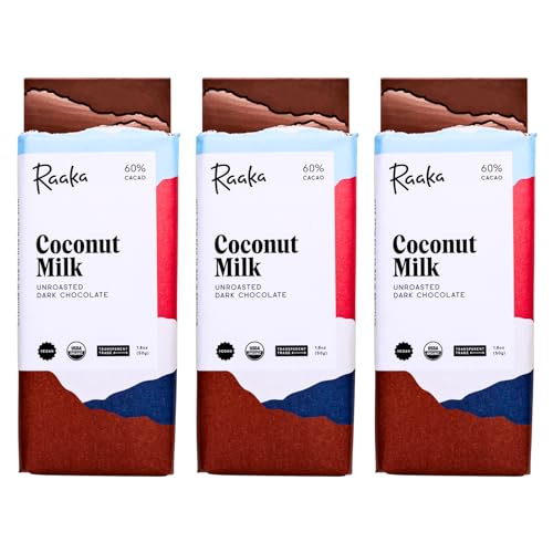Raaka Chocolate 60% Cacao Coconut Milk Dark Chocolate Bars, 3-Pack,
