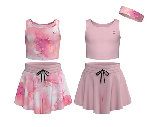 Image of Flowy Girls Butterfly Shorts Skirts w /Pockets & Athletic Sleeveless Tank Tops, Dance Tennis Cheer Running (5pc Set)