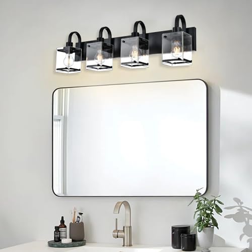 Image of Black Vanity Light Bathroom Lighting Fixtures 4 Light Sconces Wall Lighting Mid Century Rustic Vanity Lights with with Glass Shade Porch Cage Wall Lamp for Mirror, Living Room, Bedroom