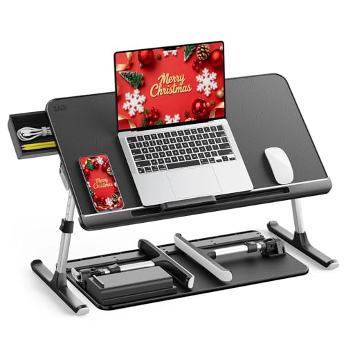 SAIJI Mesa para Cama Mesa para Portátil Ajustable ​con Cajón de Almacenamiento Patas Plegables Pies de Trineo Tablero de Cuero de PVC, Escritorio Portatil para Cama, Sofá, Piso (Negro)