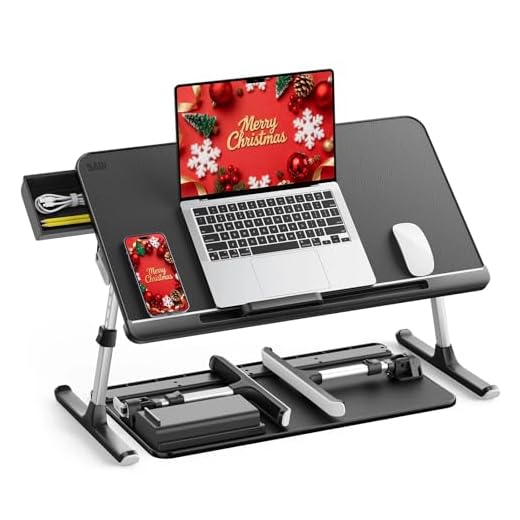 SAIJI Mesa para Cama Mesa para Portátil Ajustable ​con Cajón de Almacenamiento Patas Plegables Pies de Trineo Tablero de Cuero de PVC, Escritorio Portatil para Cama, Sofá, Piso (Negro)