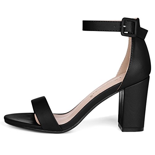 Allegra K Women's Solid Color Buckle Block Heel Ankle Strap Black Sandals 8 M US